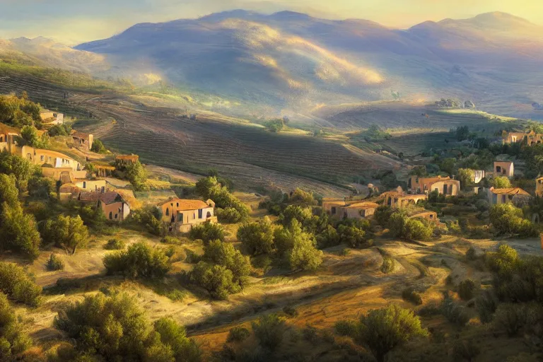 Image similar to beautiful amazing mind-bending stunning inspiring painting of a traditional hilly rural town landscape with many olive trees!, fantasy, painted in photoshop, digital art, hyperrealistic, sharpened, highly detailed, cinematic, wide angle, warm lighting, trending on artstation