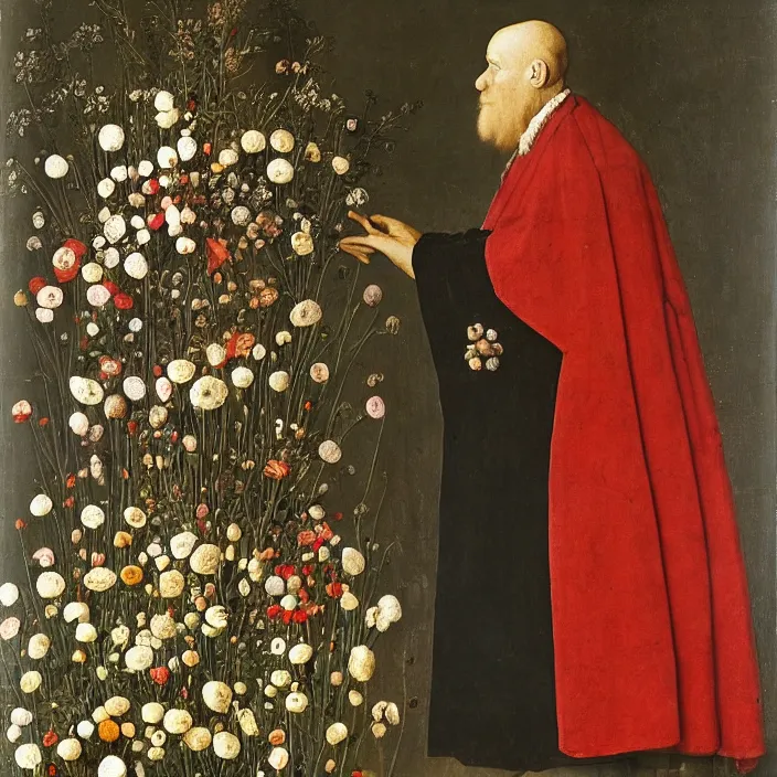 Image similar to a bird made of flowers, standing next to a creepy old man, by Jan van Eyck