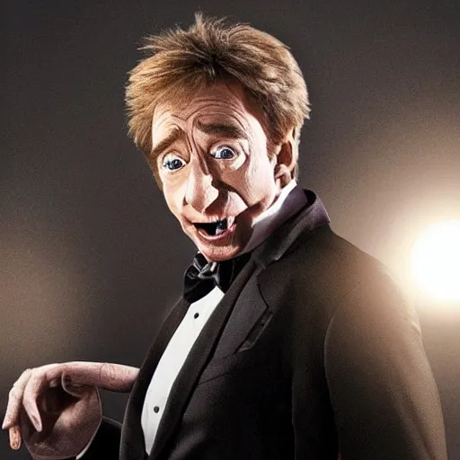 Image similar to martin short under a full moon transforming into a werewolf, his face contorts in pain as his body changes into a beast cinematic dramatic lighting award winning scene