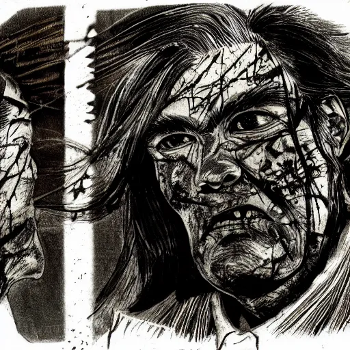 Image similar to Yoshitaka Amano realistic illustration of jeb bush ,hair fluttering in the wind, cracks on his face wearing Elden ring armour with engraving, abstract black and white patterns on the background, noisy film grain effect, highly detailed, Renaissance oil painting, weird portrait angle, blurred lost edges, three quarter view