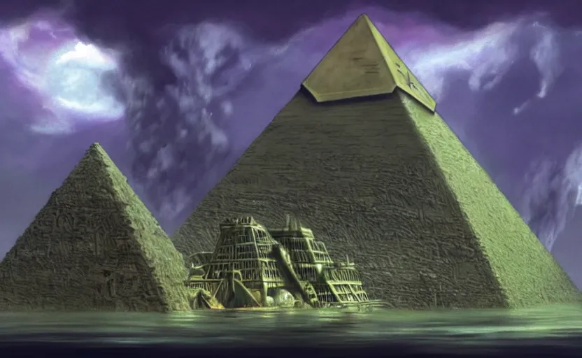 Prompt: a realistic and atmospheric cell - shaded concept art from howl's moving castle ( 2 0 0 4 ) of a futurist sci - fi city and an egyptian pyramid complex in a flooded rainforest. very dull muted colors, hd, 4 k, hq