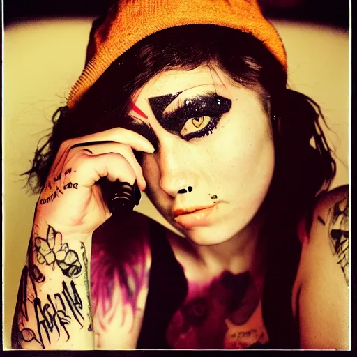 Image similar to beautiful young woman with gutterpunk pen ink face tattoos stares at the camera, night sky, stars in background, bruce gilden, leica s, fuji 8 0 0, grainy, low light