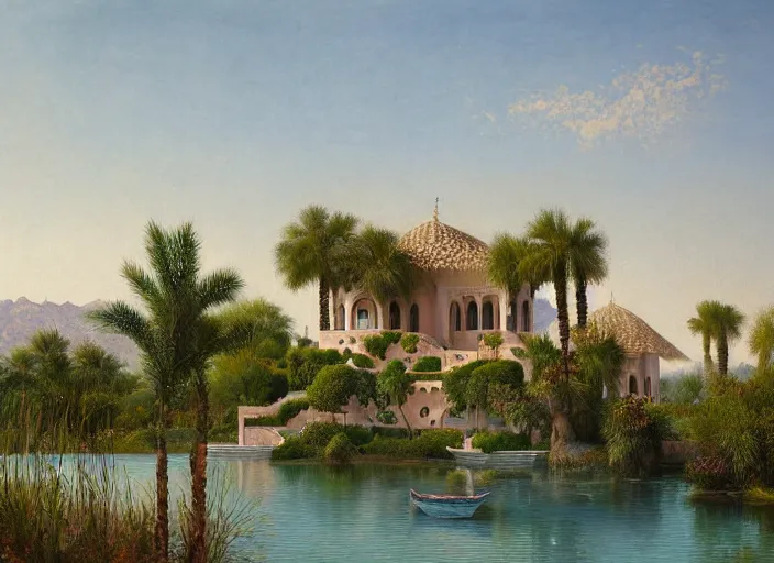 Image similar to A beautiful ultra-detailed painting of a garden villa with a lake in the middle of the arabic desert with a blue sky by Ludwig Deutsch, Trending on Artstation