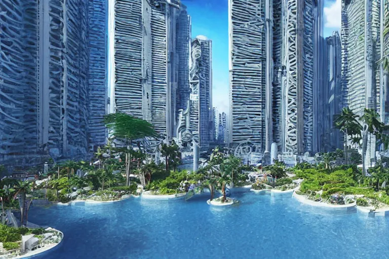 Prompt: futuristic cyberpunk city with Singaporean lush garden with royal blue and green and white and!dream Celestial majestic futuristic other worldly realm with Singaporean royal gold lush volcano, set on Antelope Canyon with royal blue thermal waters flowing down white travertine terraces, relaxing, ethereal and dreamy, visually stunning, painted by Leonardo da Vinci and WLOP, octane render, scifi luxurious gold colors, advanced civilization, high-end street Antelope canyon, rocks formed by water erosion, walls made of beautiful smooth sandstone light beams that shine, polish narrow slots of walls into a striated swirling finish, digital painting, concept art, smooth, sharp focus, from Star Trek 2021, illustration, by WLOP and Ruan Jia and Mandy Jurgens and William-Adolphe Bouguereau, Artgerm