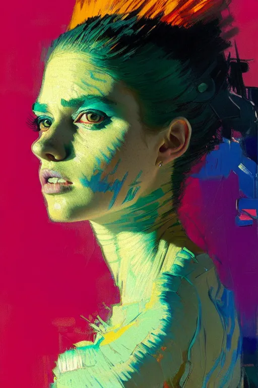 Image similar to portrait of a beautiful punk girl, complementary colors, beautiful face, rule of thirds, intricate outfit, spotlight, by greg rutkowski, by jeremy mann, by francoise nielly, by van gogh, digital painting