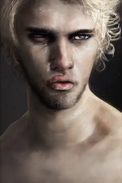 Prompt: blonde wild hair man, black eye - patch, close - up portrait, plain white tshirt, powerfull, intricate, elegant, volumetric lighting, scenery, digital painting, highly detailed, artstation, sharp focus, illustration, concept art, ruan jia, steve mccurry