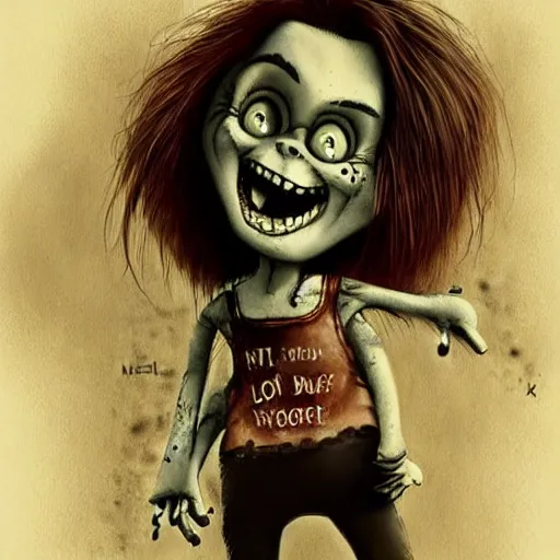 Image similar to grunge cartoon drawing of a cute chucky by - michael karcz , in the style of corpse bride, loony toons style, horror themed, detailed, elegant, intricate