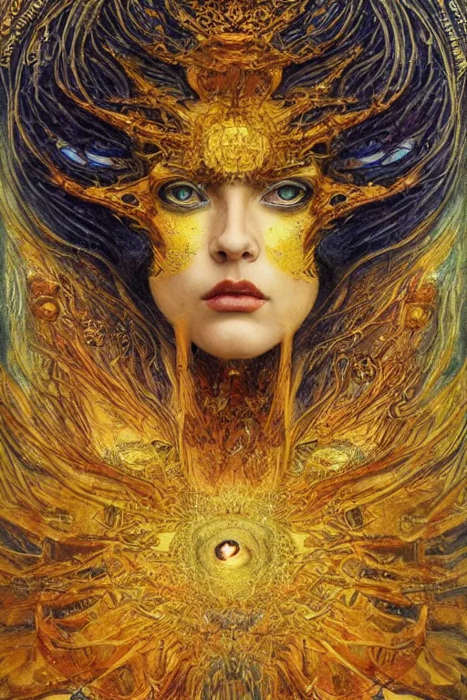 Image similar to Divine Chaos Engine by Karol Bak, Jean Deville, Gustav Klimt, and Vincent Van Gogh, beautiful visionary mystical portrait, sacred, otherworldly, fractal structures, surreal, ornate gilded medieval icon, third eye, spirals