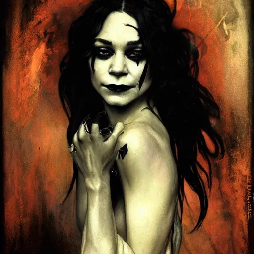 Image similar to beautiful portrait of vanessa hudgens as death from sandman, smiling, by cedric peyravernay, alphonse mucha, by jeremy mann, by lecouffe deharme, goth chic, soft lightning, eyeliner, punk rock, high detailed, 8 k