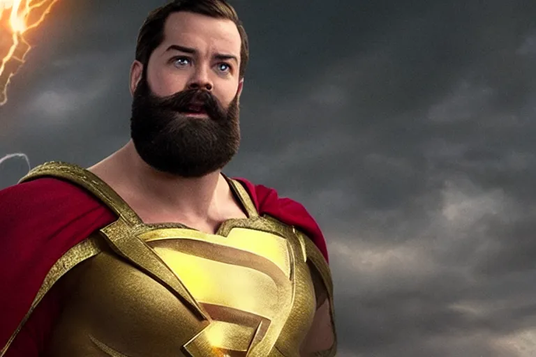 Image similar to bearded david sandberg as shazam from shazam ( 2 0 1 9 ), cinematography