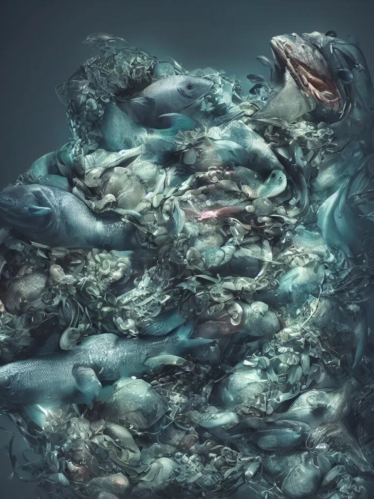 Image similar to a sculpture of fish ocean intertwined, darkness, led lighting, a lovely cornucopia of flowers and human body parts, body parts, highly detailed, octane render, cinematic, shock, sharp focus, ball, an independent psycho, clean, studio lighting