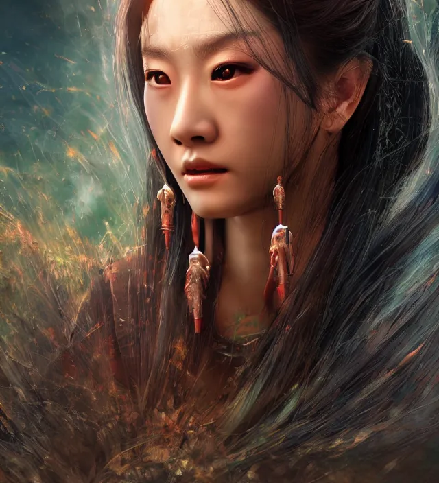 Prompt: photo 3 d rendering of a beautiful girl epic photorealistic wuxia portrait in ito junji frank miller alex ross escher giger biopunk demonology style depth of field lens flare leica zeiss detailed trending award winning on flickr