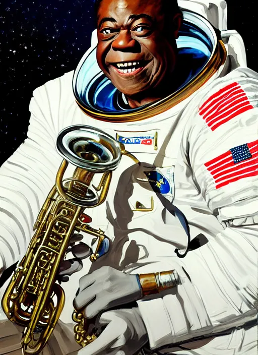 Prompt: a portrait of louis armstrong wearing a space suit on the moon, trumpet, by greg manchess and john singer sargent and jonathan yeo, dramatic lighting, highly detailed digital painting