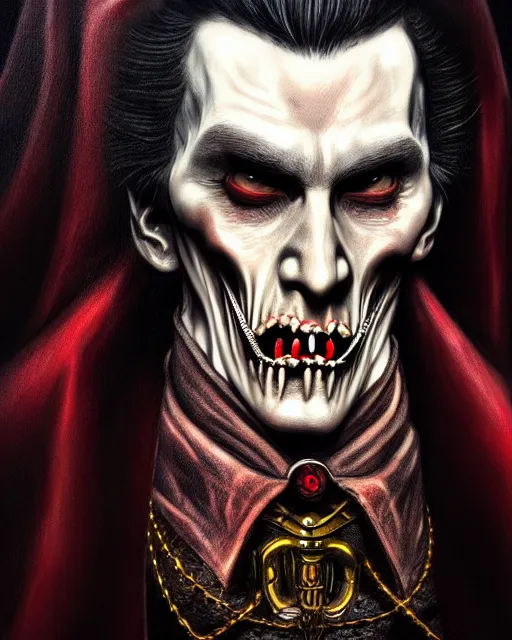 Image similar to dracula, character portrait, close up, concept art, intricate details, highly detailed, photorealism, hyperrealism in the style of otto dix and h. r giger