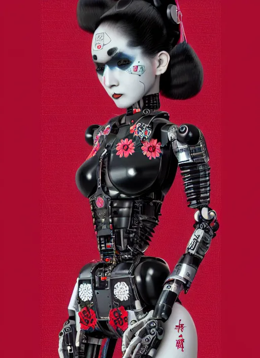 Image similar to full body portrait of a gothic japanese robot geisha with kanji tattoos and decals wearing a digital pixelated kimono, intricate design, photorealistic, octane render, raytraced, ultra fine detailed, character design, trending on artstation