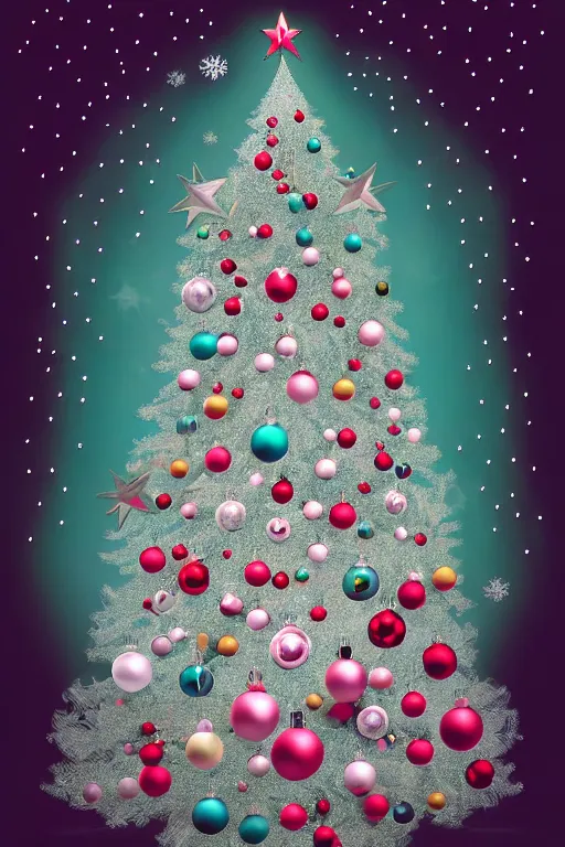 Image similar to illustration neo - rococo cinematic super expressive! scandi christmas tree with kitchen glitzy baubles, star, bird decorations, silver pink white red mood, highly detailed digital art masterpiece, smooth etienne sandorfi eric zener dramatic pearlescent soft teal light, ground angle hd 8 k, sharp focus