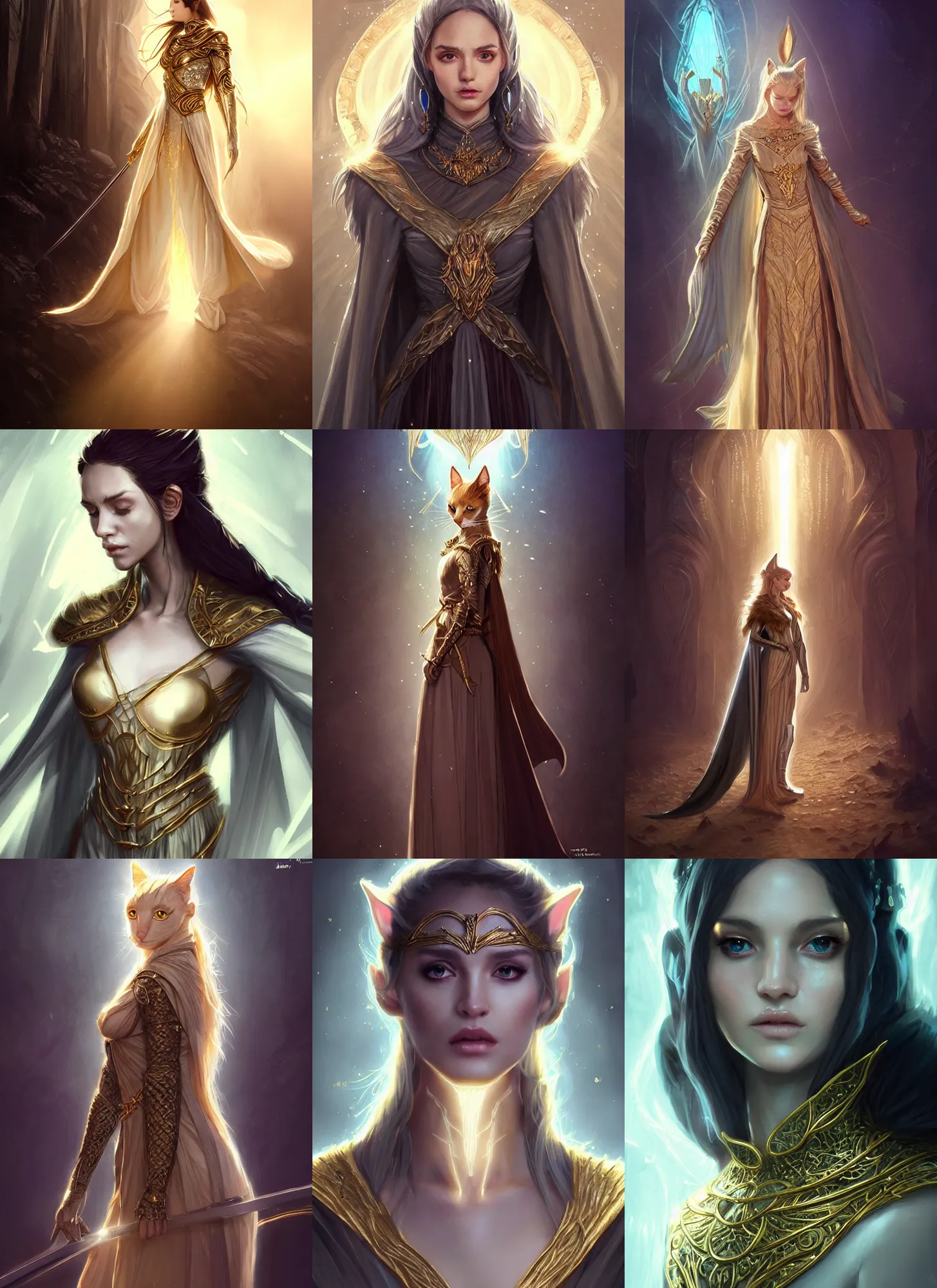 Prompt: fashion concept spot illustrations from a cats and lord of the rings crossover, cosplay, by nixeu, by artgerm, by greg rutkowski, iridescent and gold and crystal, fullbody, intricate jewelry, god rays, hyper detailed, character concept, glowing particulate, intricate, elegant, digital painting, artstation, smooth, sharp focus.
