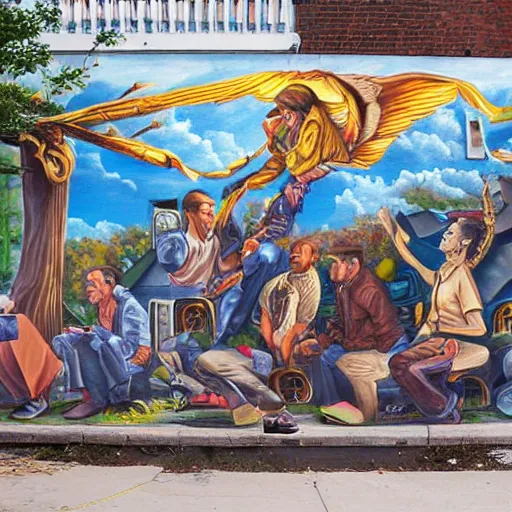 Image similar to hypperealistic art mural,'the saints'street gang mural