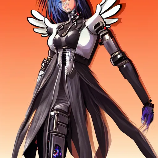 Image similar to digital cyberpunk - anime character - concept art gorgeous small female android cyborg - angel large angelic wings left eye gold right eye silver