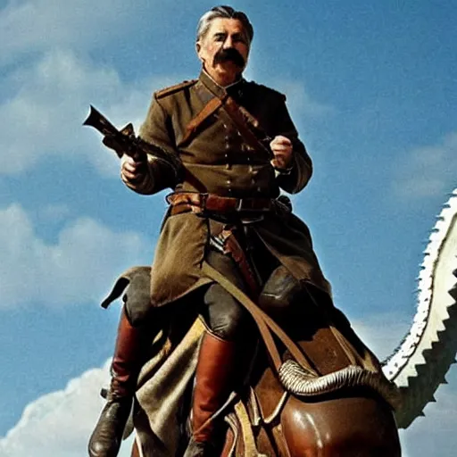 Prompt: Photo of Joseph Stalin riding the dragon from Game of Thrones ,