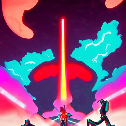 Image similar to Neon Genesis Evangelion battle by Lois van baarle with blazing clouds