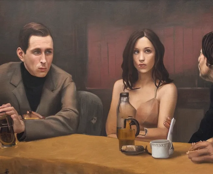 Prompt: dark oil realistic painting a gaunt man looking at a beautiful brunette woman in a wes anderson cafeteria