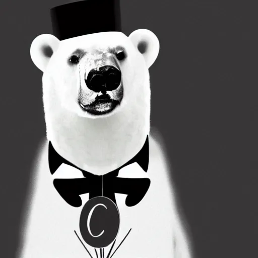 Image similar to a polar bear wearing a monocle and wearing a top hat and wearing a tuxedo, holding a cane, hd photography