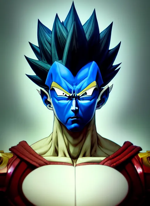 Image similar to by greg rutkowski, symmetry, concept art by artgerm, distance render portrait of a hyper realistic prince vegeta, intense, epic, ssj, alphonse mucha, octane render, highly detailed, high quality, 8 k, soft lighting, path traced, and uang guangjian and gil elvgren, symmetry!!