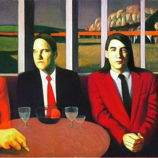 Image similar to rush, geddy lee, alex lifeson, neil peart, grant wood, pj crook, edward hopper, oil on canvas