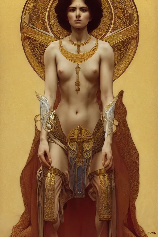 Prompt: a full body portrait of a beautiful ethereal delicate byzantine egyptian mage queen meditative sacral pose catholic stages of the cross, intricate, elegant, highly detailed, digital painting, artstation, concept art, smooth, sharp focus, illustration, art by krenz cushart and artem demura and alphonse mucha