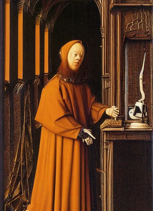 Image similar to a robot priest by Jan van Eyck