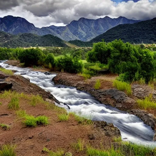 Image similar to Sculpture. a landscape of a mountainous area with a river running through it. There are trees and plants in the foreground, and the mountains are in the background. pale by Steve Ditko stormy