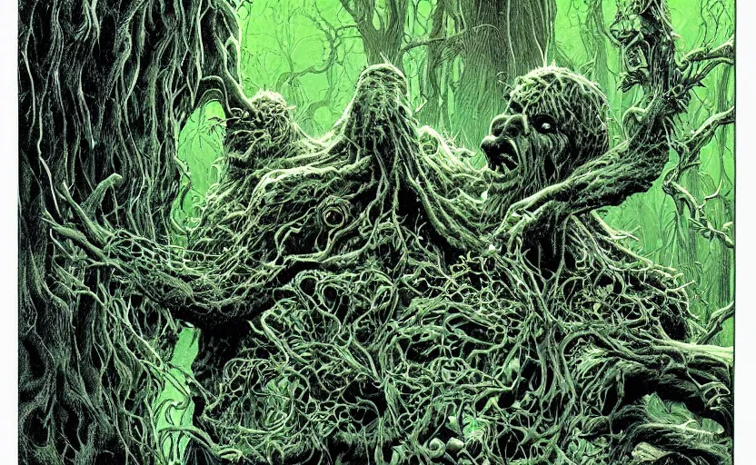 Image similar to a gorgeous hyper detailed semi symmetrical splash page DC comics color illustration of Swamp Thing going into the green having a transcendent psychedelic experience communicating with the elemental gods by John Totleben