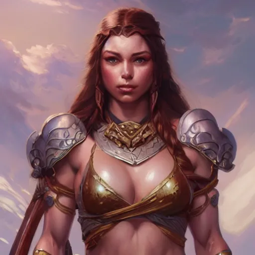 Image similar to muscular female warrior, deep focus, d & d, fantasy, intricate, elegant bikini, highly detailed, digital painting, artstation, concept art, matte, sharp focus, illustration, hearthstone, art by artgerm and greg rutkowski and alphonse mucha