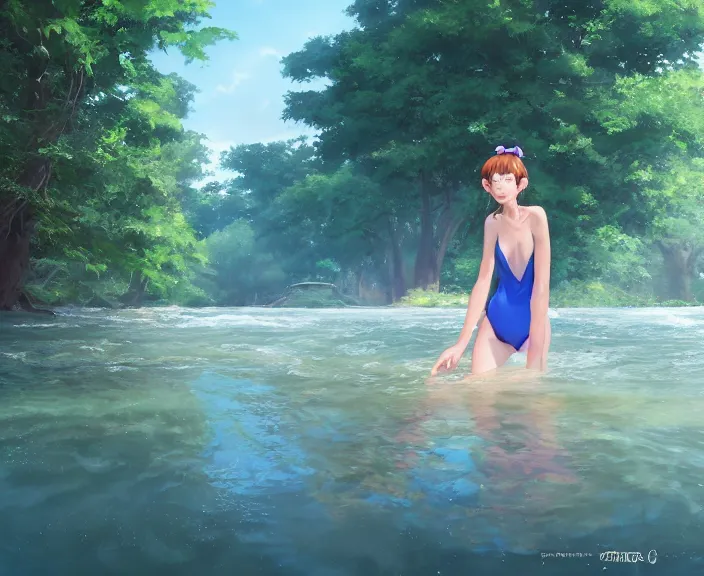 Image similar to a girl wearing a blue bathing suit wading in the river, trees bent over the river, shady, ripples, facing the camera, inviting, atmospheric lighting. By Makoto Shinkai, Stanley Artgerm Lau, WLOP, Rossdraws, James Jean, Andrei Riabovitchev, Marc Simonetti, krenz cushart, Sakimichan, trending on ArtStation, digital art.