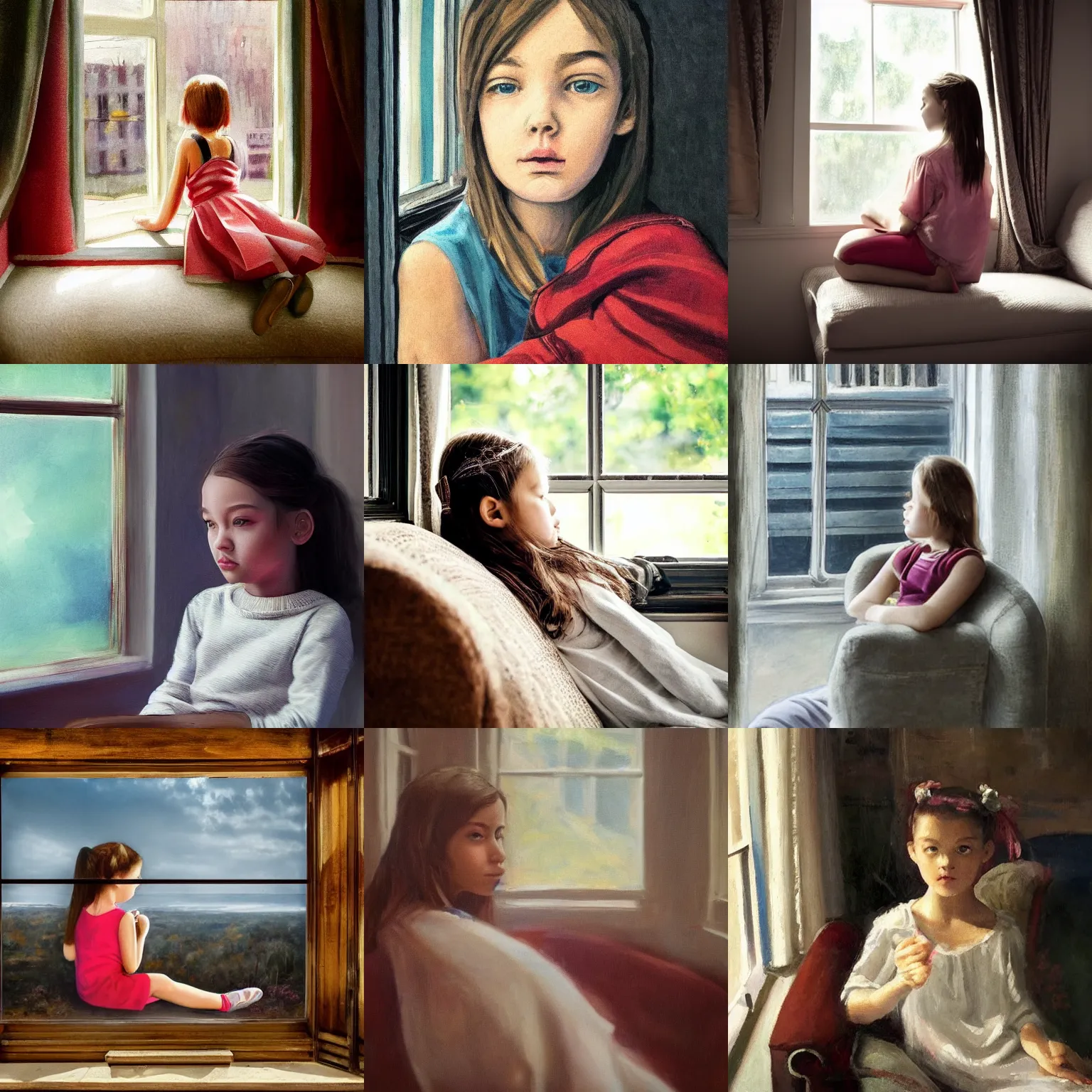 Prompt: the girl sits next to the window on the sofa and looks at the beauty of the world, high detail of the face, high detail, high modernization, photorealistic, full body,