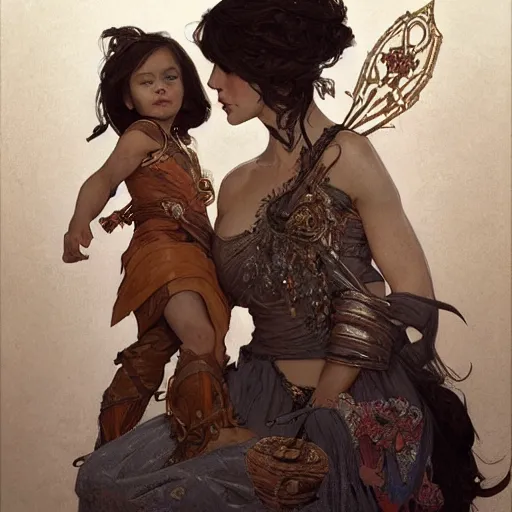 Image similar to a full body portrait of a beautiful girl warrior and her daughter, intricate, elegant, highly detailed, digital painting, artstation, concept art, smooth, sharp focus, illustration, art by krenz cushart and artem demura and alphonse mucha