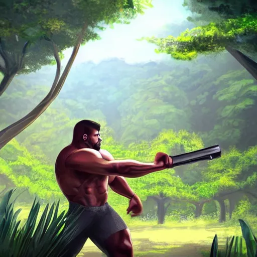 Prompt: a man with a big muscle holding a weapon in the middle of a jungle it's a sunny day and in the background there is a camp surrounded by a couple of trees digital concept art