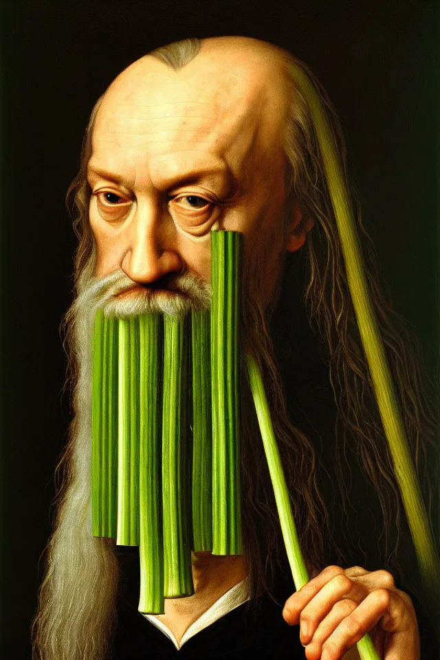 Image similar to bizarre renaissance portrait of dumbledore as a highly detailed celery stick, dramatic cinematic lighting, 8 k, beautiful intricate painting