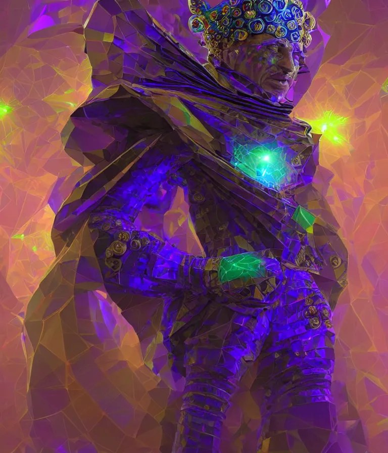 Image similar to front!!! shot of a court jester!!! character, mesmerizing fractal hypercubes, bismuth!!, dark holography!!!, future, metallic galactic, crystalline edges, polygonal, elegant, highly detailed, centered, (((artstation, concept art, jagged, sharp focus, artgerm, Tomasz Alen Kopera, Peter Mohrbacher, donato giancola, Joseph Christian Leyendecker, WLOP, Boris Vallejo))), ((raytracing)), mugshot!!!!!, ugly!!!!!!, octane render, nvidia raytracing demo, octane render, nvidia raytracing demo, octane render, nvidia raytracing demo, 8K