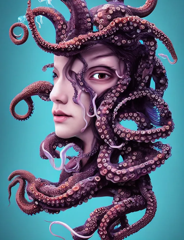 Image similar to 3 d goddess octopus half - turn portrait with long hair with ram skull. beautiful intricately detailed japanese crow kitsune mask and clasical japanese kimono. betta fish, jellyfish phoenix, bio luminescent, plasma, ice, water, wind, creature, artwork by tooth wu and wlop and beeple and greg rutkowski