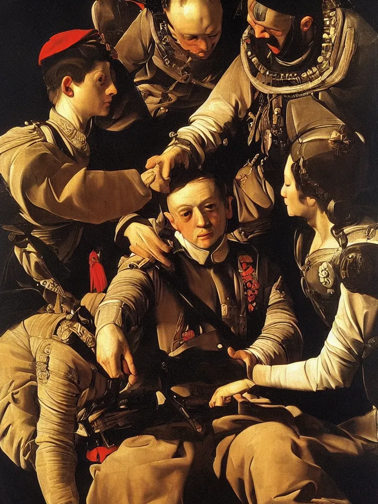 Image similar to portrait of a soldier laying his hand on top of the queen ’ s head, by caravaggio