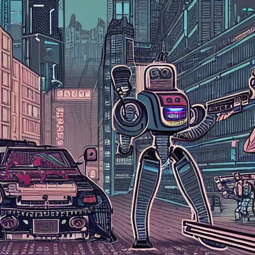 Prompt: detailed, intricate illustration of robot jesus shooting a gun in a cyberpunk city