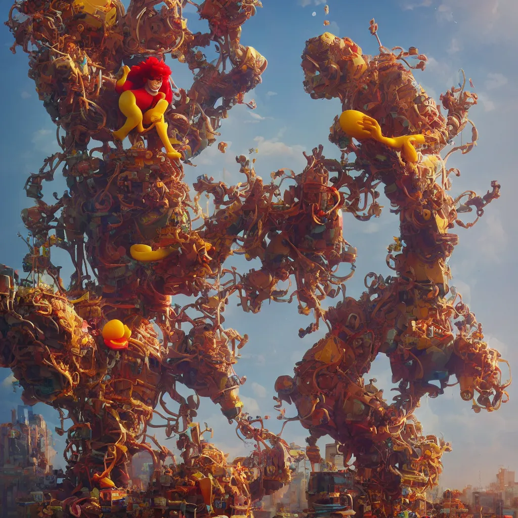 Image similar to ronald mcdonald statue in the world by beeple, darek zabrocki, tyler edlin, jordan grimmer, neil blevins, james paick, natasha tan, highly detailed, ultra detailed, ultra realistic, trending on artstation