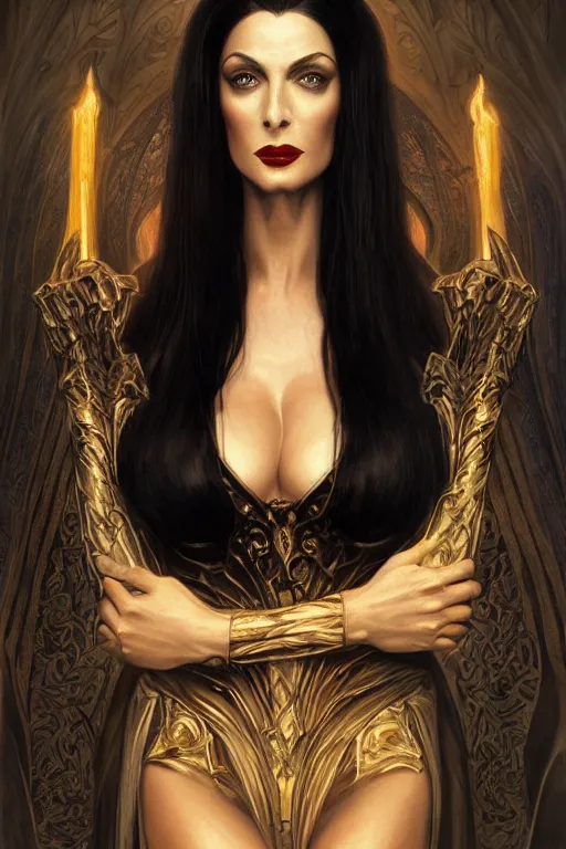 Image similar to ultra realistic illustration, deanna troi as morticia addams from baldurs gate and diablo, intricate, elegant, highly detailed, digital painting, artstation, concept art, smooth, sharp focus, illustration, art by artgerm and greg rutkowski and alphonse mucha