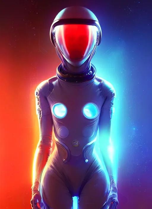 Prompt: a futuristic cyber astronaut, sci fi, glowing aura, volumetric lights, red and cyan theme, art nouveau alien botanicals, intricate, highly detailed, digital painting, artstation, concept art, smooth, sharp focus, cinematic, illustration, beautiful face, art by artgerm and greg rutkowski and alphonse mucha, clear background