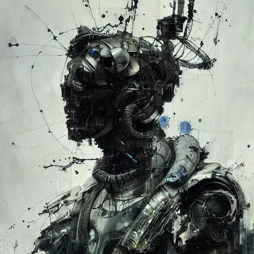 Prompt: a cybernetic hunter, cyberpunk, wires, skulls, machines, by emil melmoth zdzislaw belsinki craig mullins yoji shinkawa realistic render ominous detailed photo atmospheric by jeremy mann and agnes cecile ink drips paint smears digital glitches glitchart