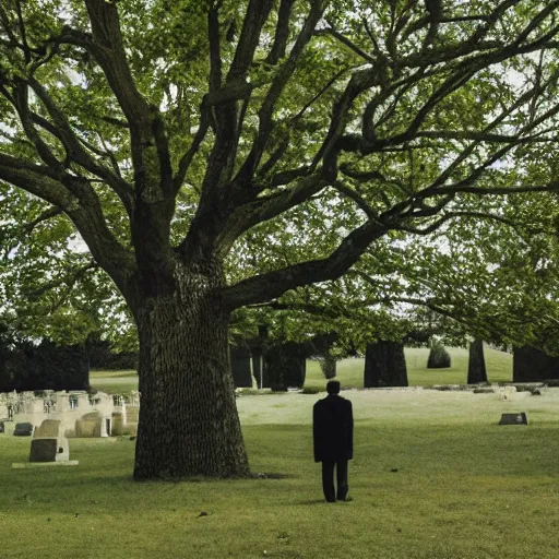 Image similar to Photo of a man in black slightly hidden behind a tree in the cemetery