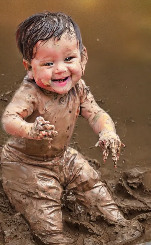 Prompt: beautiful detailed painting of a baby playing in the mud. the baby is smiling and happy. vibrant, high quality, vibrant colors, very funny, beautiful, hq. hd. 4 k. award winning. trending on artstation