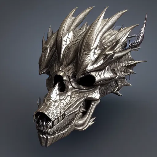 Prompt: high tech metallic dragon skull, futuristic, sci fi, yu-gi-oh 5ds, zbrush sculpt trending on artstation cgsociety, cad model, fusion360 highly detailed studio lighting 4k octane render